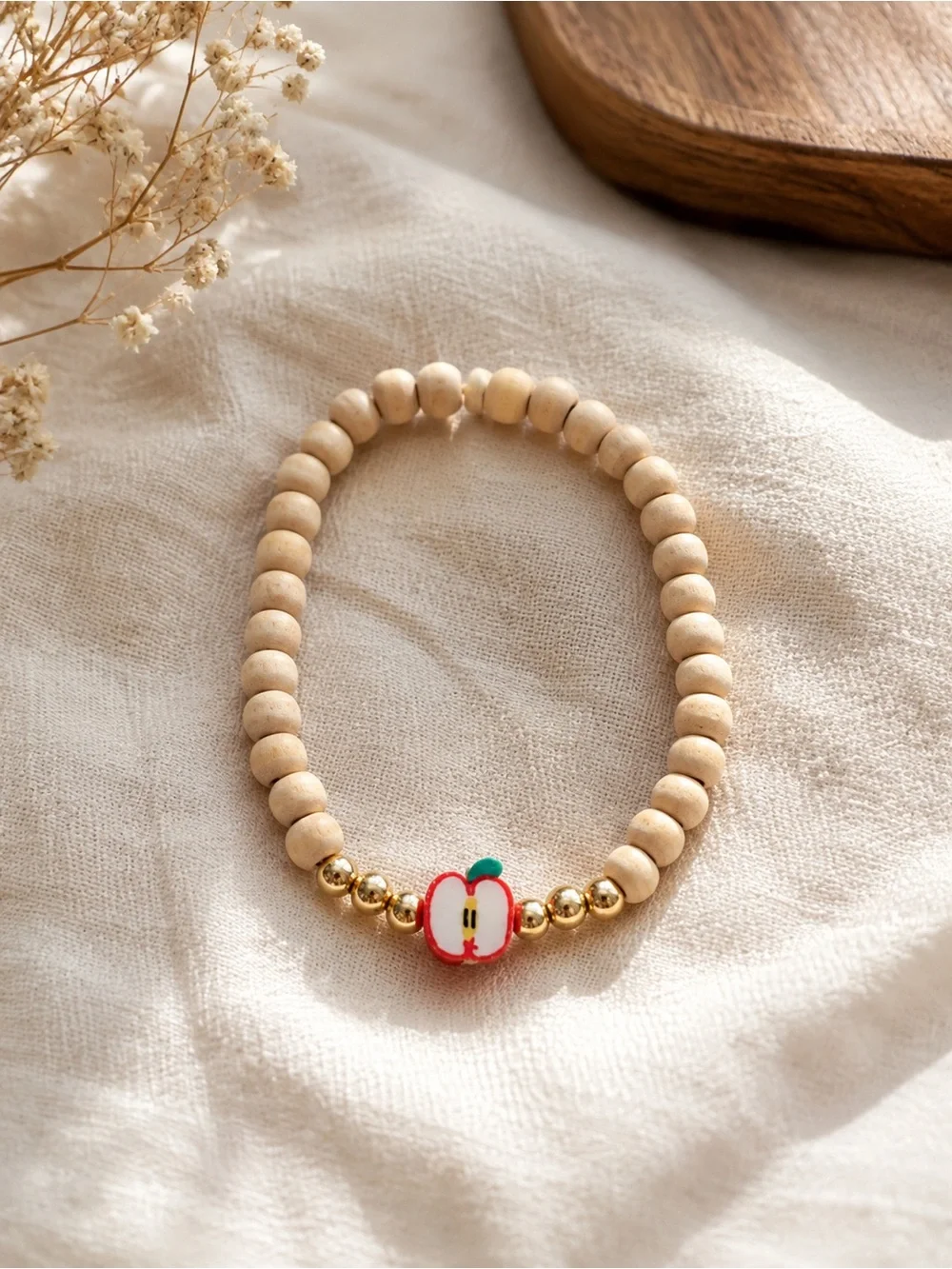 Kids Apple Bead Bracelet - Natural & Red Accent